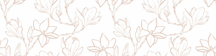 Seamless pattern with elegant Magnolia in Brush ink Line Art style © Anna Volkova