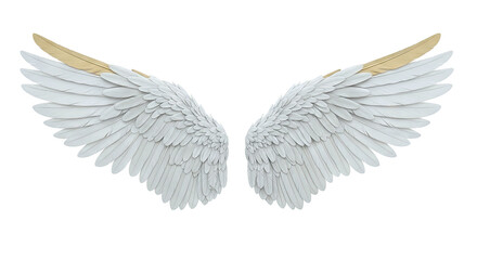 Obraz premium Pair of white angel wings with gold tips on a white background