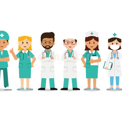 Medical professionals in scrubs standing.