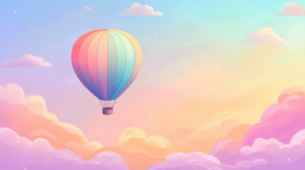 Fototapeta premium Dreamy pastel hot air balloon floating in magical cotton candy sky background with place for text