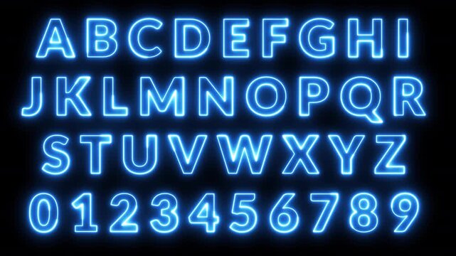 Alphabet text animation from a to z on transparent background, neon glowing alphabet fire sign animated text from A to Z with alpha channel in 4k.