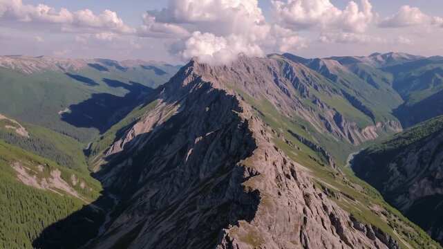 The towering mountain ridge displays rugged cliffs and lush green valleys. Wispy clouds linger above the mountain peaks, creating a serene natural landscape.