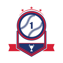 Fototapeta premium Baseball Victory Emblem. Baseball victory emblem with number one ball, stars, and trophy shield in red, white, and blue.