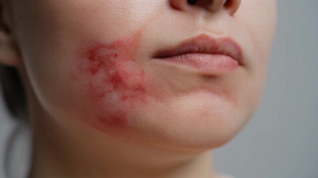 Close-up of a person's lower face showing a distinct red and inflamed skin rash, indicative of an allergic reaction or chronic dermatological condition requiring medical assessment