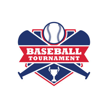 Baseball Tournament Logo with Trophy, Bats, and Red Banner &ndash; Patriotic Sports Emblem Vector



