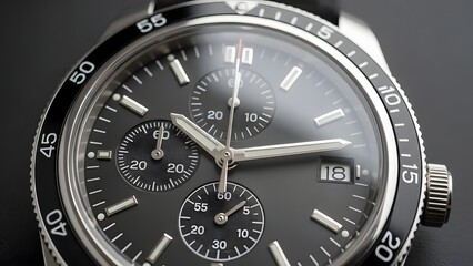 Close-up of a sophisticated and elegant luxury timepiece, showcasing its intricate chronograph features and classic design against a dark, dramatic background for a timeless appeal