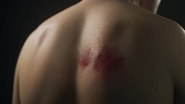 Close-up of a person's back with a visible abrasion, highlighting a wound on the skin's surface