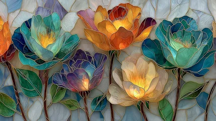 Acrylglasbilder Buntglas Fleurs en vitrail lumineuses aux couleurs vives  © Alexandre