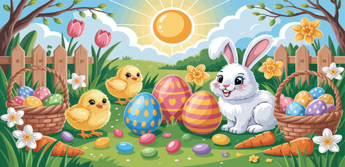 Easter celebration with a white rabbit chicks colorful eggs baskets carrots and blooming flowers in a sunny meadow Keywords