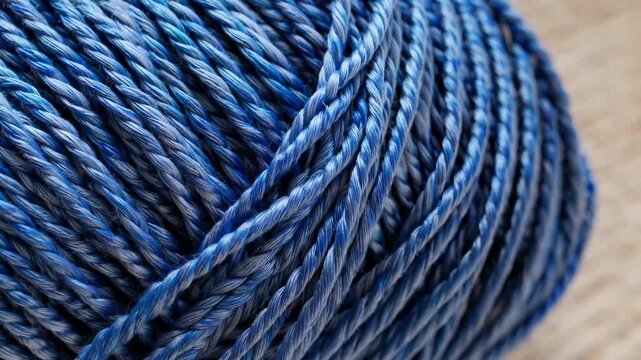 The image shows a close-up of blue yarn. The blue yarn has a smooth texture and is tightly wound in a circular shape.