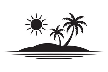 Tropical island silhouette with palm trees and sun illustration
