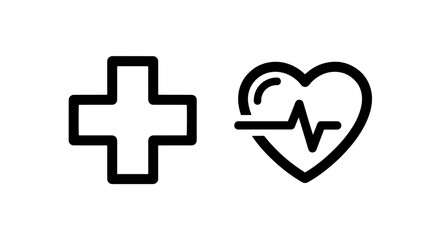 Obraz premium Medical cross and heartbeat line within heart icons, signifying health and vitality.