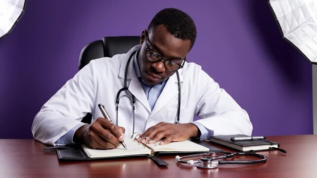 A man in a white lab coat writes in a notebook. The man is focused and surrounded by a stethoscope and a notebook on a desk.