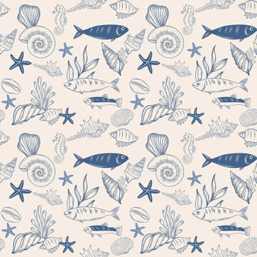 Blue toile Ocean vintage seamless pattern