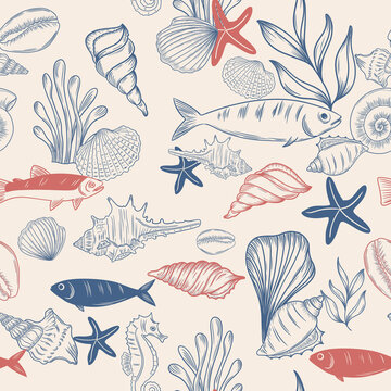 Blue toile Ocean vintage seamless pattern