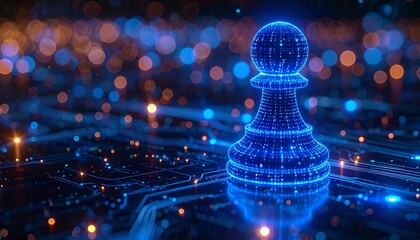 Glowing blue digital pawn chess piece on circuit board background with bokeh lights, representing artificial intelligence and strategic technology advancement