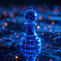 Glowing blue digital pawn chess piece on circuit board background with bokeh lights, representing artificial intelligence and strategic technology advancement