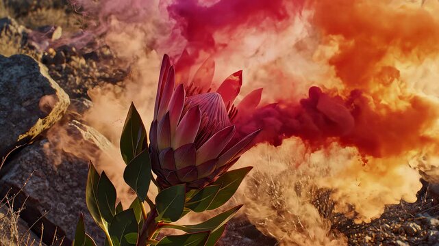 Protea Blossom With Colorful Smoke in the Desert Landscape