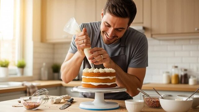 Man Decorating Cake in Modern Kitchen.
