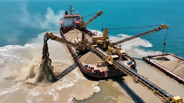 A large dredging vessel operates in the water, extracting sand from the seabed. The dredging vessel transports the sand onto the deck, creating clouds of sand.