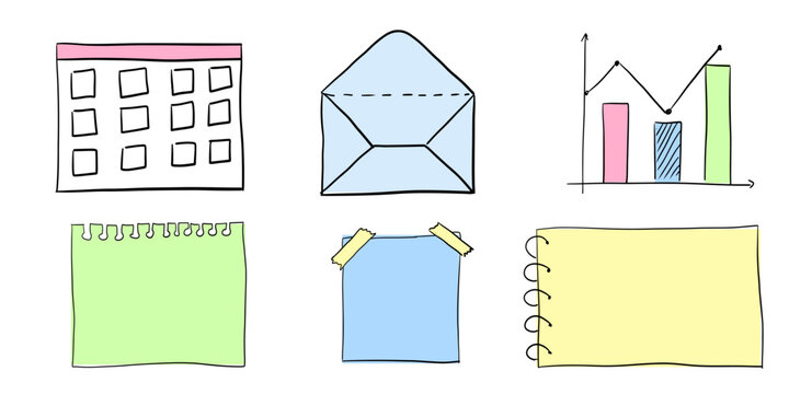 Hand drawn office stickers and notes set with calendar envelope charts and paper elements doodle sketch style vector illustration