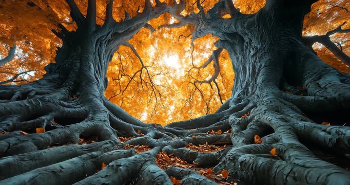 A low-angle shot of two trees with intertwined roots during autumn, bathed in warm sunlight and vibrant colors.