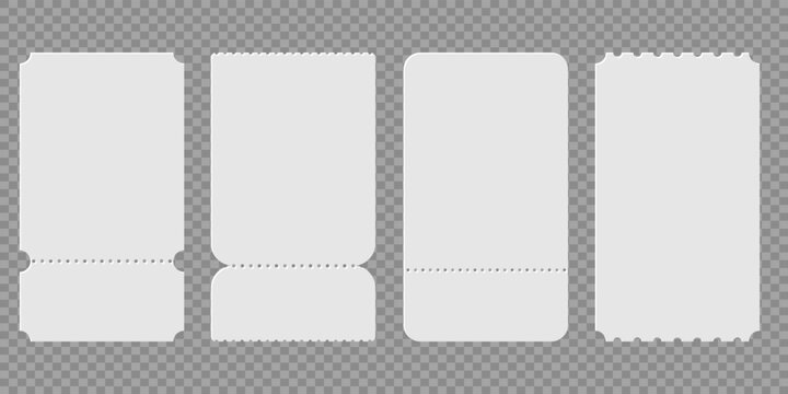 Collection of empty ticket shapes with perforated lines for party passes, cinema stubs, lottery coupons and event template designs