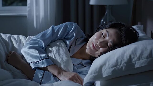 Asian woman sleeping peacefully in bed at night