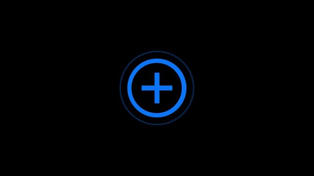 Glowing blue plus sign icon inside circle on black background