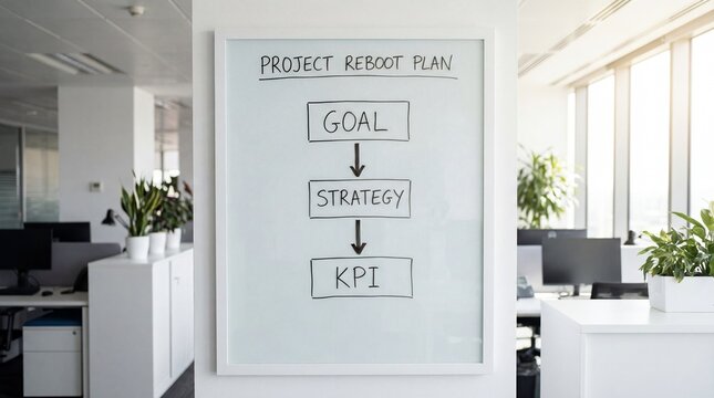 Project reboot plan diagram displayed on whiteboard in modern office setting with plants and workstations visible in the background