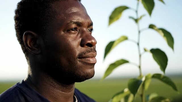 Close up of African man with young tree, looking optimistic future