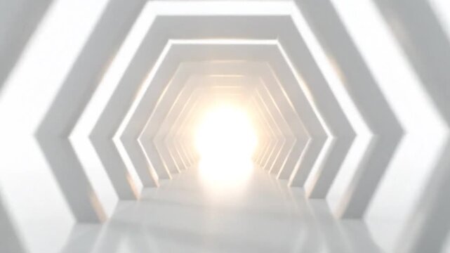 Abstract white corridor with hexagonal frames leading to a bright light source.