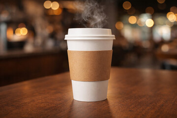 Paper Coffee Cup Mockup with Sleeve and Lid in Cafe with Steam and Bokeh Background