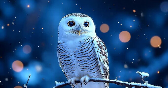 A snowy owl sits perched on a branch in a winter scene with falling snow and bokeh lights.