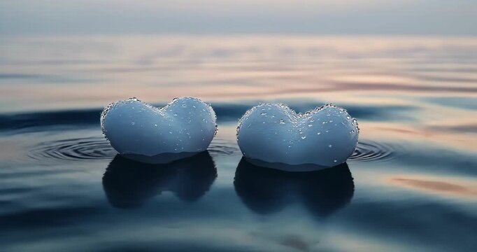 Two heart-shaped objects float gently on the water's surface, reflecting the soft light of dawn or dusk.