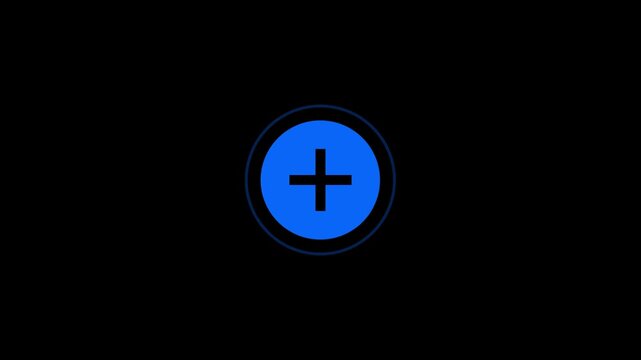 A blue circular button with a black plus sign icon
