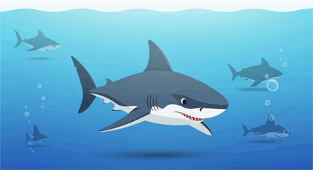 Obraz premium A school of sharks swims in the blue ocean with bubbles