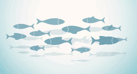 Fototapeta premium A school of simplified blue fish swims together in a light blue watery environment