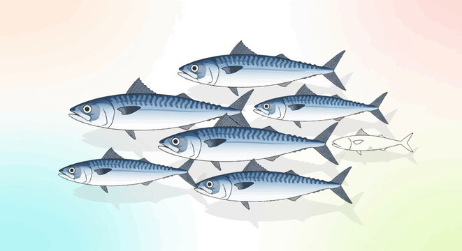 A school of mackerel swims in a gentle watercolor-like ocean