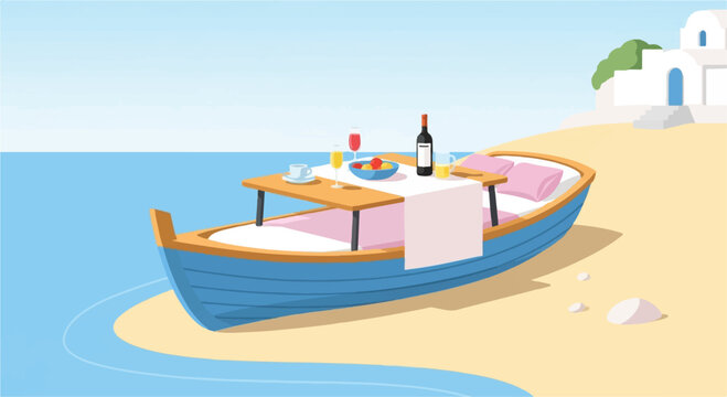 A romantic beachside dining experience on a boat with drinks and fruit