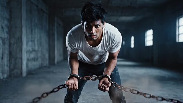 Strong muscular man breaking heavy metal chains