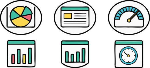 Visual Data Insights: A concise illustration of business-related graphical icons which can represent various data insights, suitable for data analysis and business visualization.