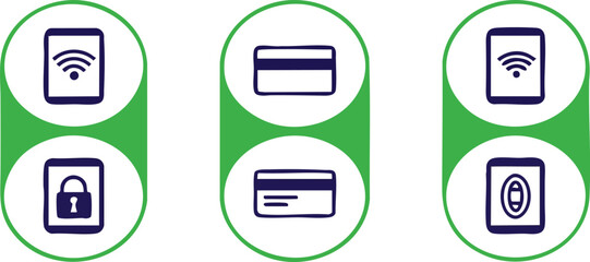 Payment and Security: Symbols of modern payment methods and security measures, including wireless, credit card, and secure access systems.