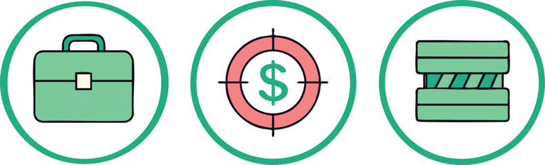 Business Icons: A set of clean, minimalist icons represent key business concepts: a briefcase, symbolizing work and career; a bullseye targeting a dollar sign.