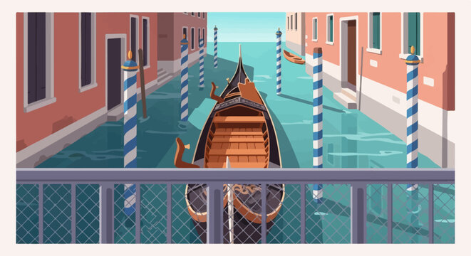 A picturesque canal scene with a gondola, bordered by quaint buildings and striped poles