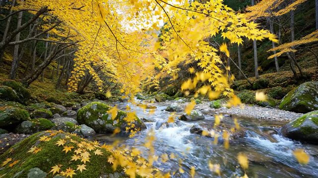 A vibrant river flows through a wooded area, with yellow maple leaves cascading down. The moss-covered rocks surround the river, enhancing the autumn scenery.