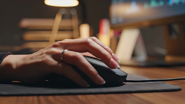 A person's hand using a computer mouse on a desk in a video