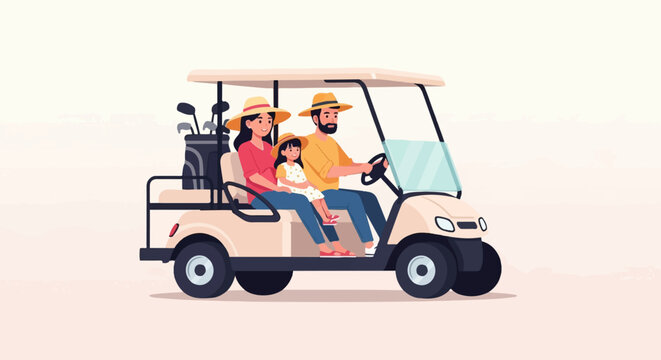 A happy family enjoys a ride in a golf cart, heading to the green
