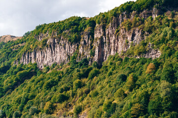 Obraz premium Cliffside with green trees on a sunny day near a river valley