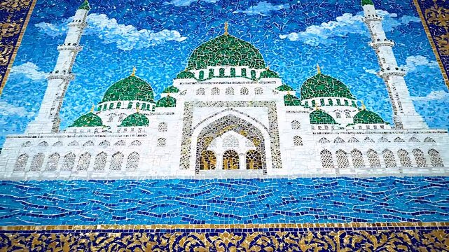 Exquisite mosaic artwork depicting a magnificent mosque with vibrant green domes and intricate blue tilework detail
